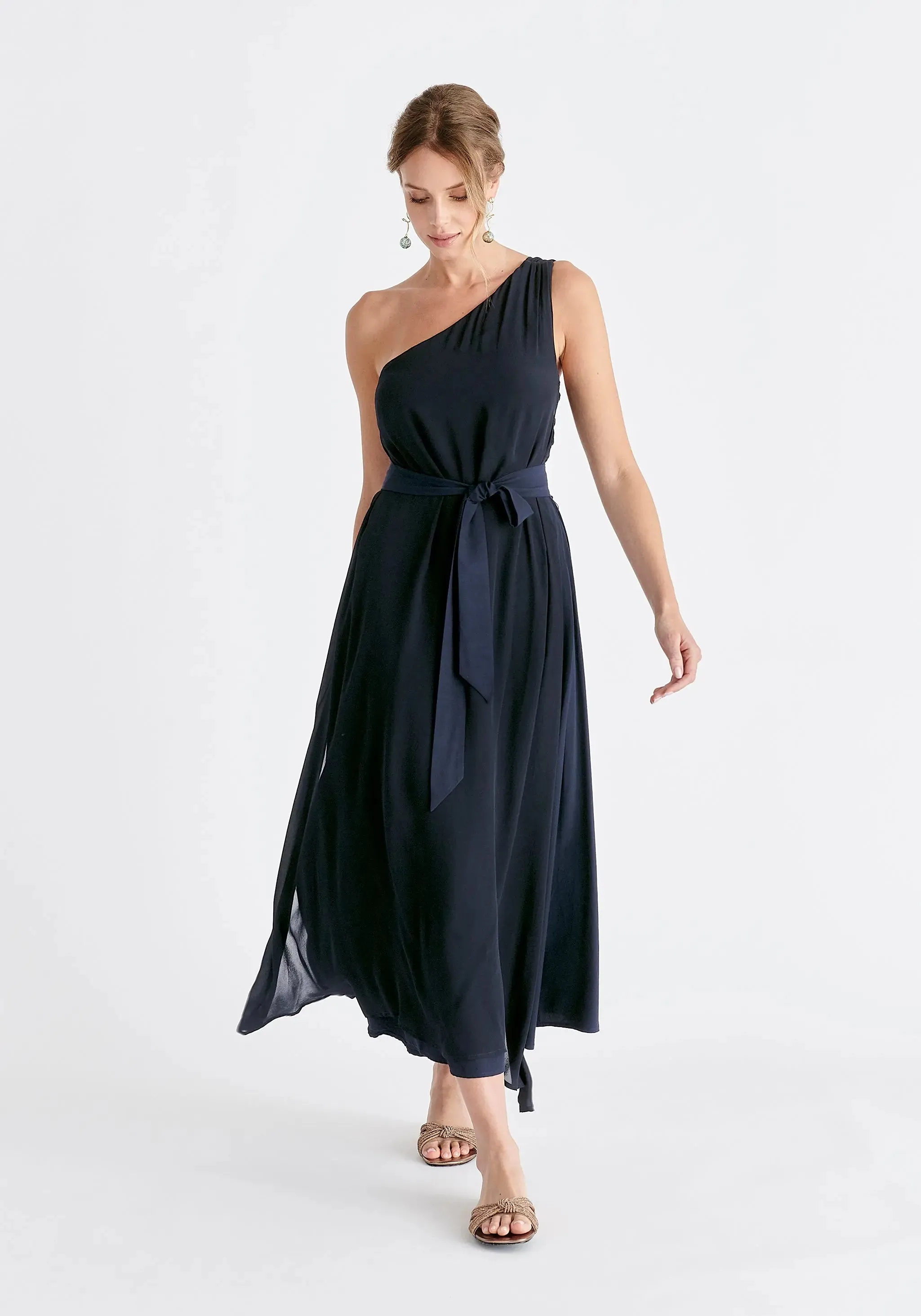 Navy One Shoulder Flowy Dress