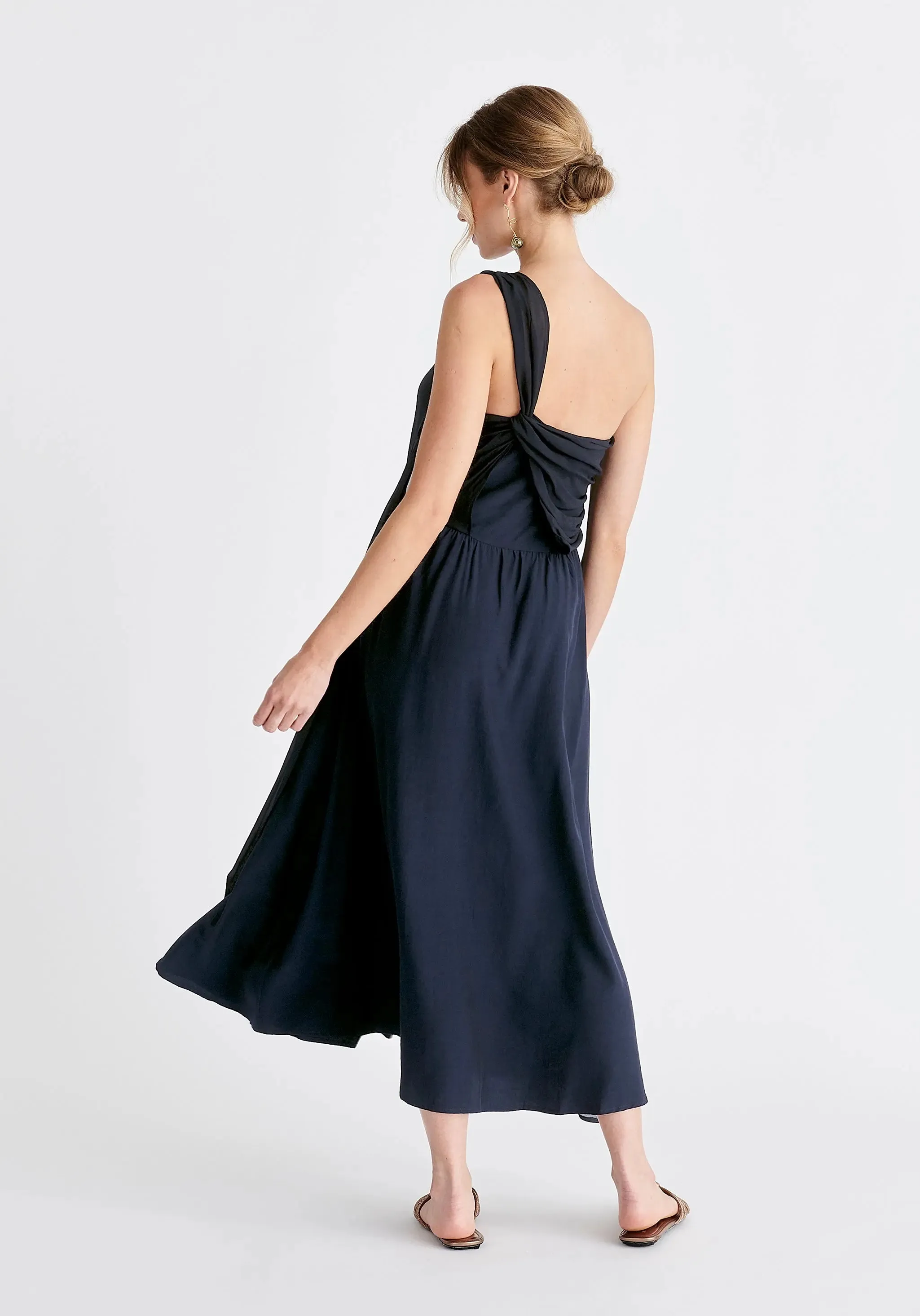 Navy One Shoulder Flowy Dress