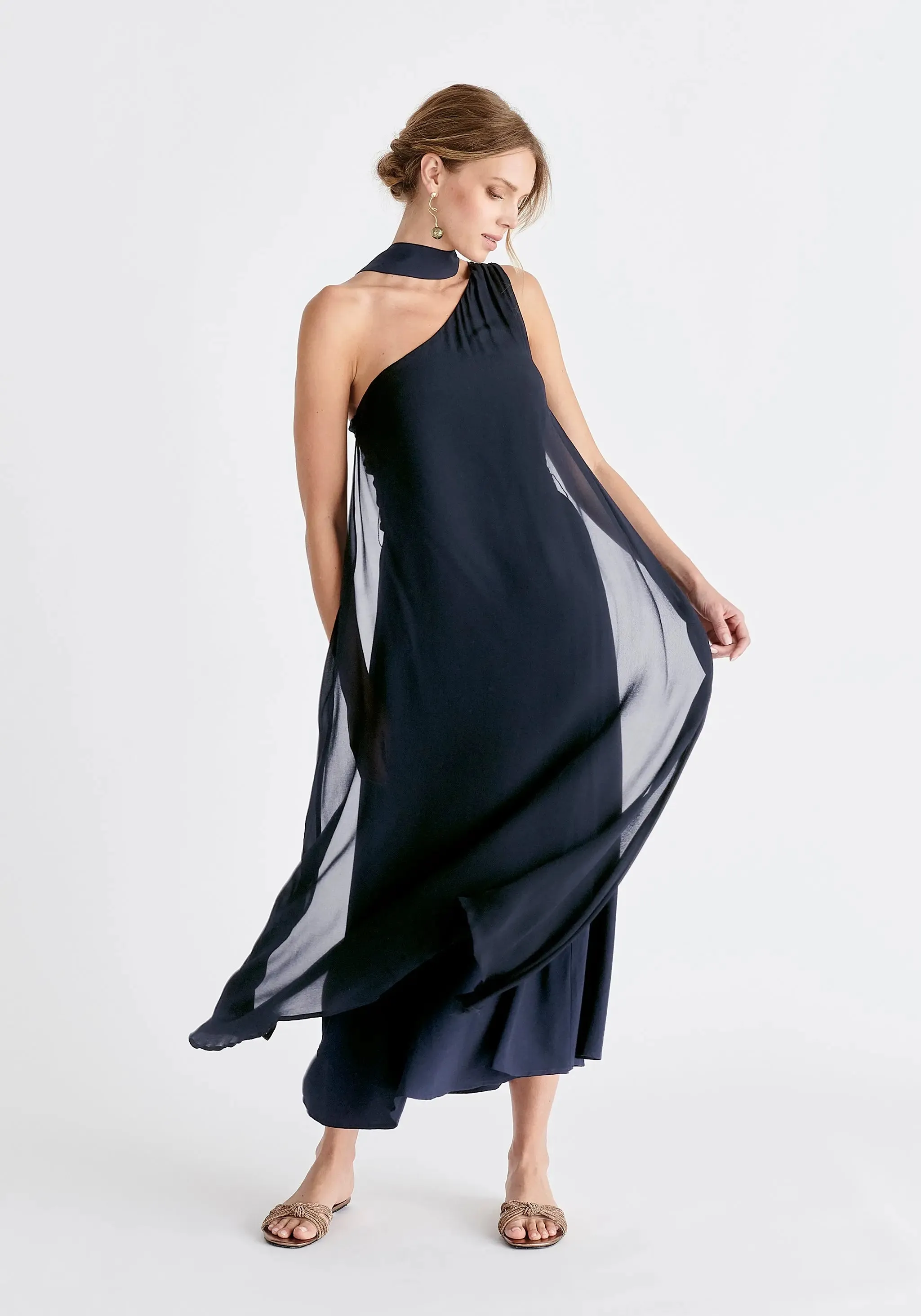 Navy One Shoulder Flowy Dress