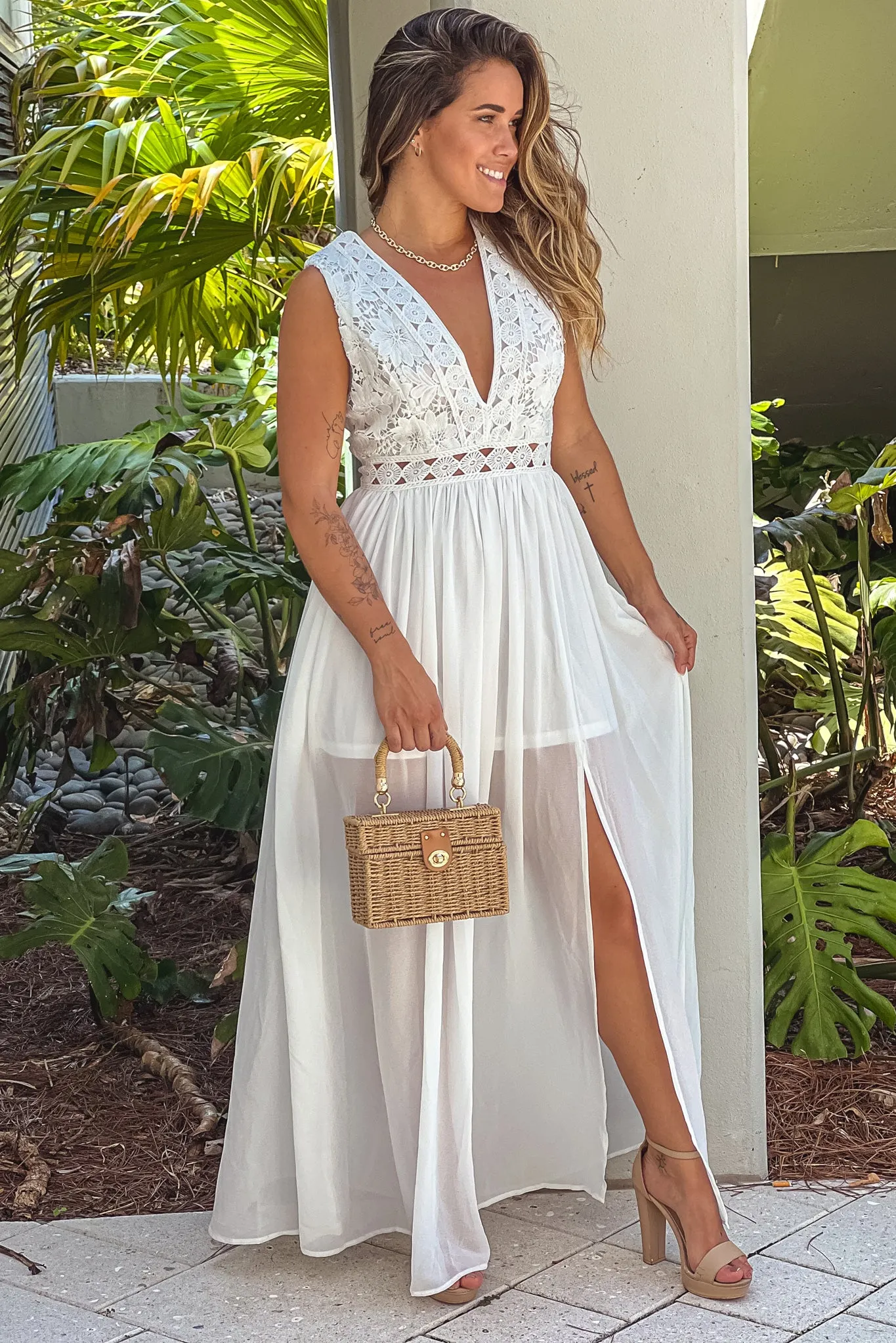 Off White Crochet V-Neck Top Maxi Dress With Slit