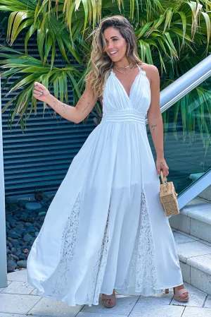 Off White Halter Neck Maxi Dress With Lace Detail