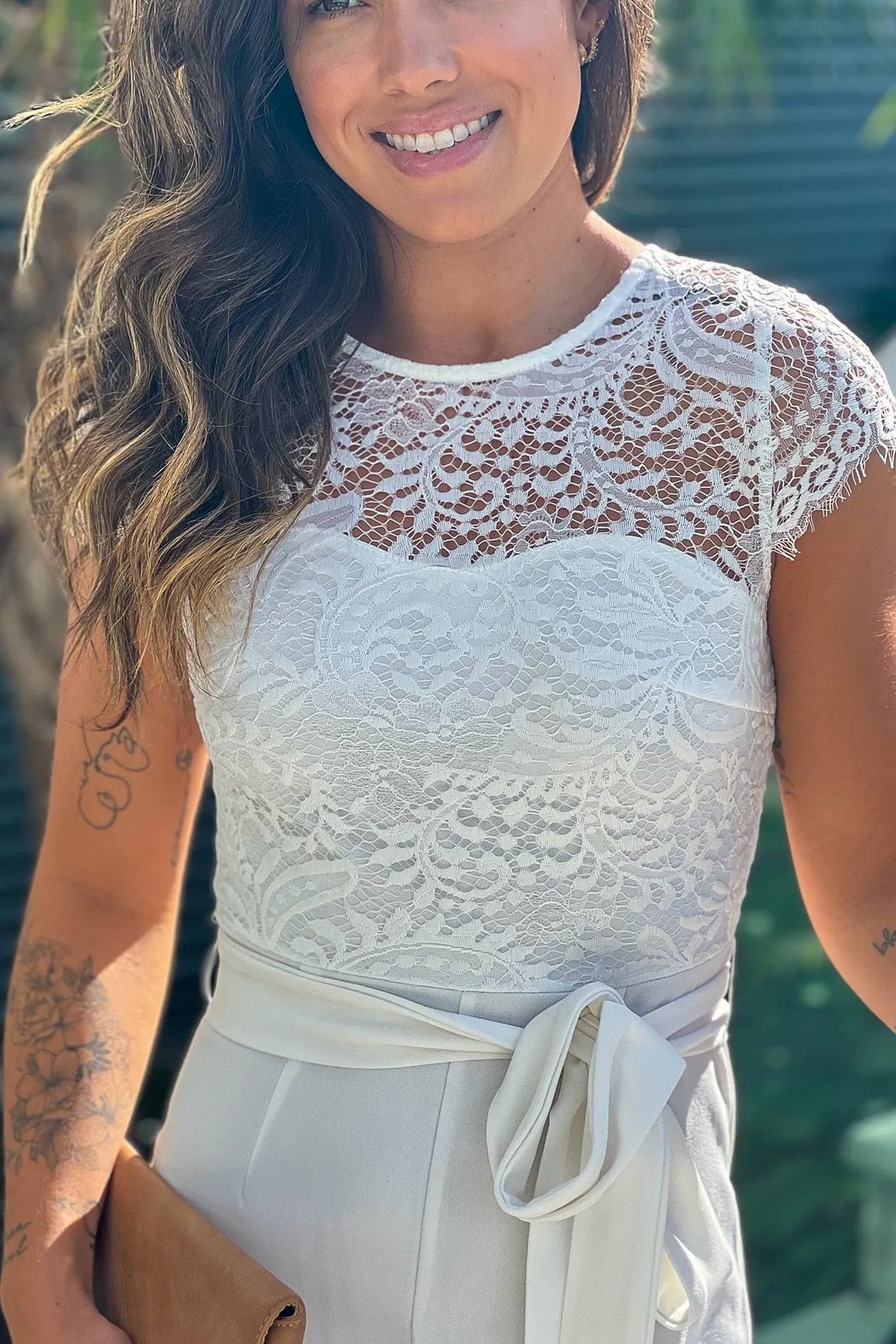 Off White Lace Top Jumpsuit With Belt