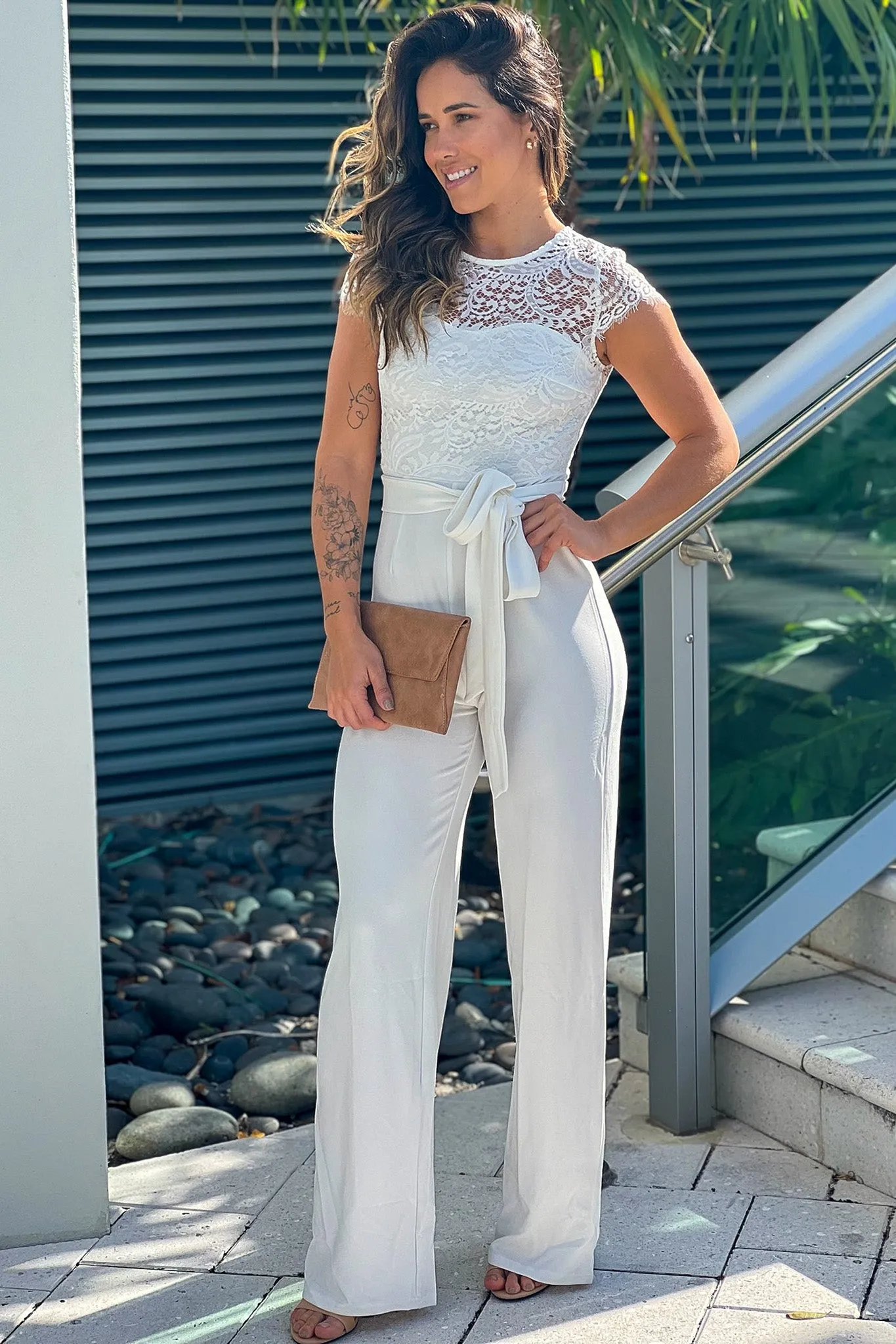 Off White Lace Top Jumpsuit With Belt