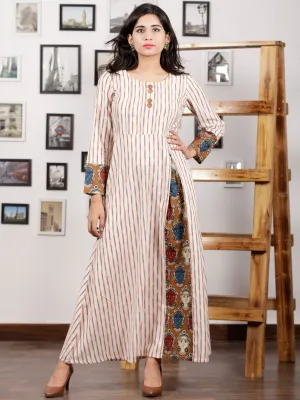 Off White Orange Peanut Brown Maroon Handwoven Ikat Kalamkari Long Dress -  D288F1468