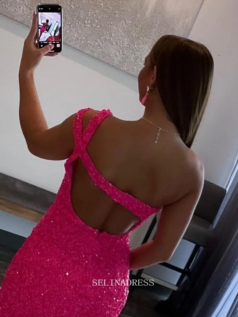 One Shoulder Fuchsia Short Prom Dress Sparkly Sequins Homecoming Dresses Hoco Dresses Pageant Dresses #TKL083