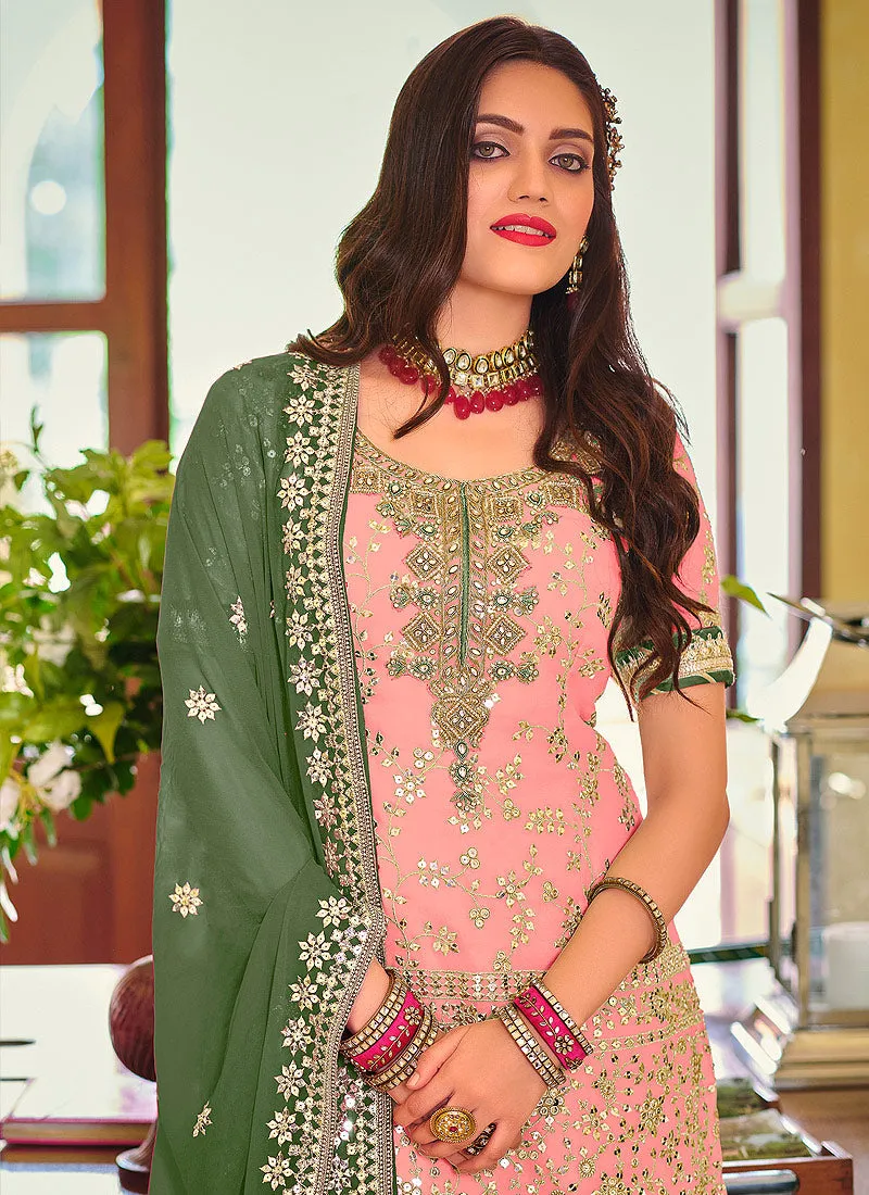 Peach And Green Golden Embroidered Wedding Sharara Suit