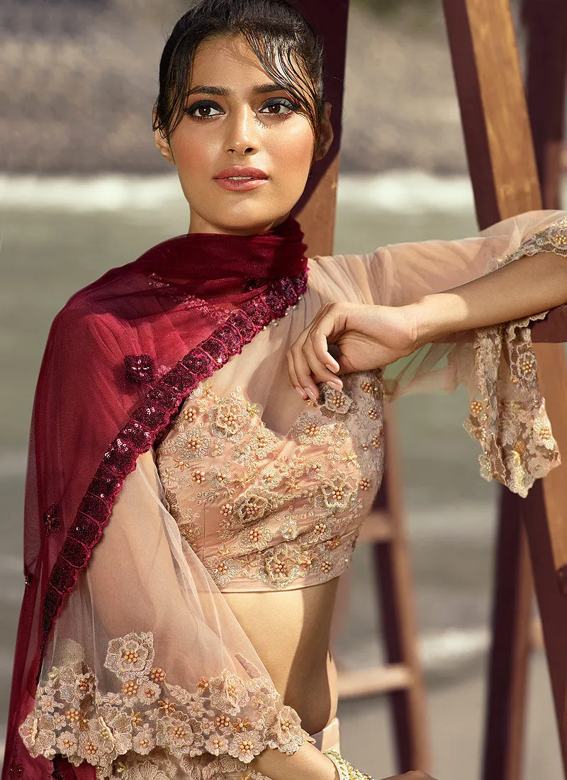 Peach And Maroon Embroidered Designer Lehenga Choli