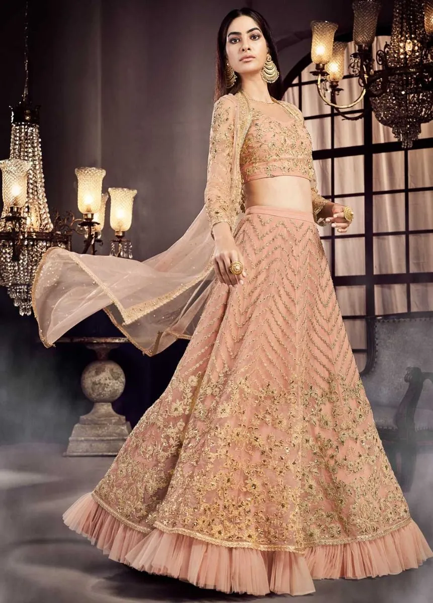 Peach Golden Embroidered Designer Lehenga Suit