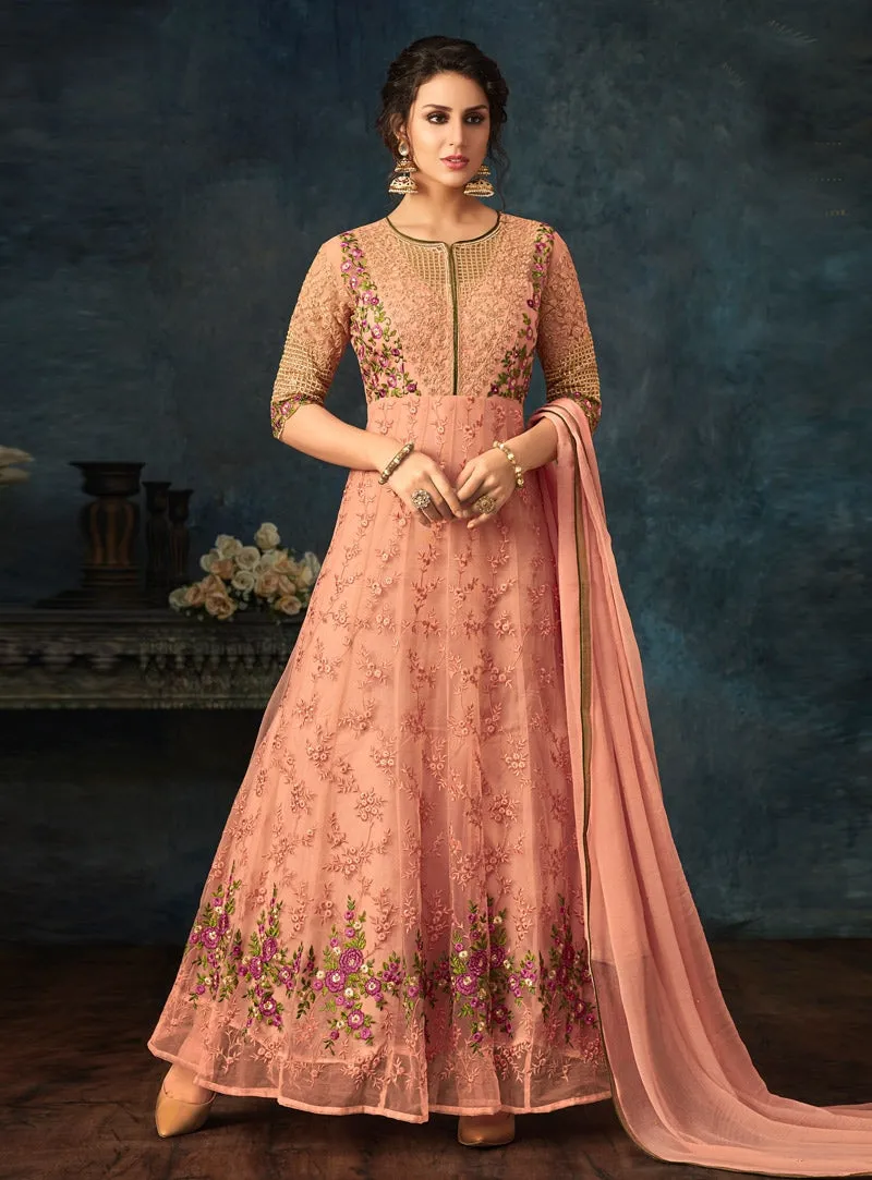 Peach Overall Floral Embroidered Flared Anarkali Suit