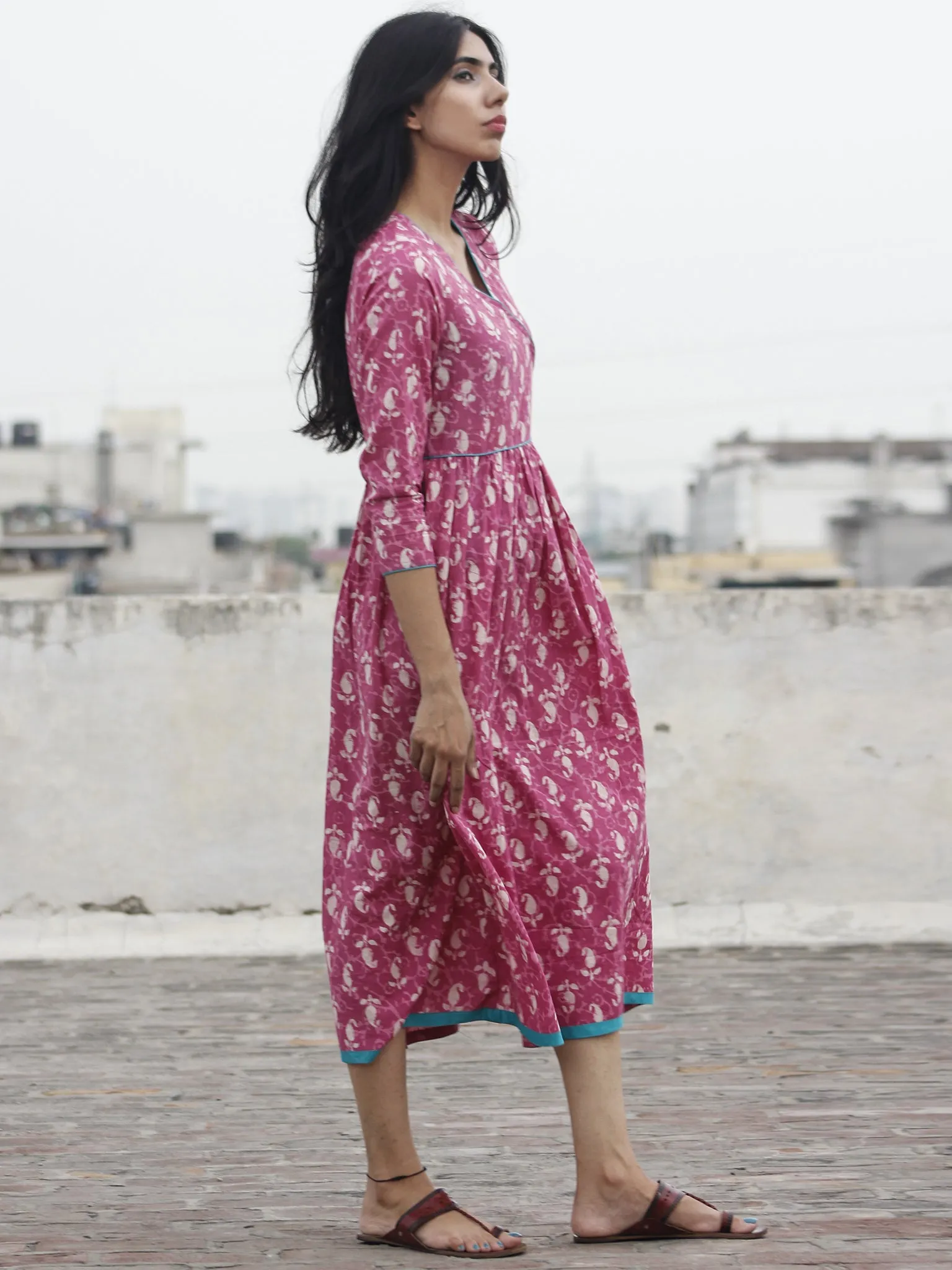 Pink Ivory Sea Green Hand Block Printed Cotton Angrakha Dress  - D97F438