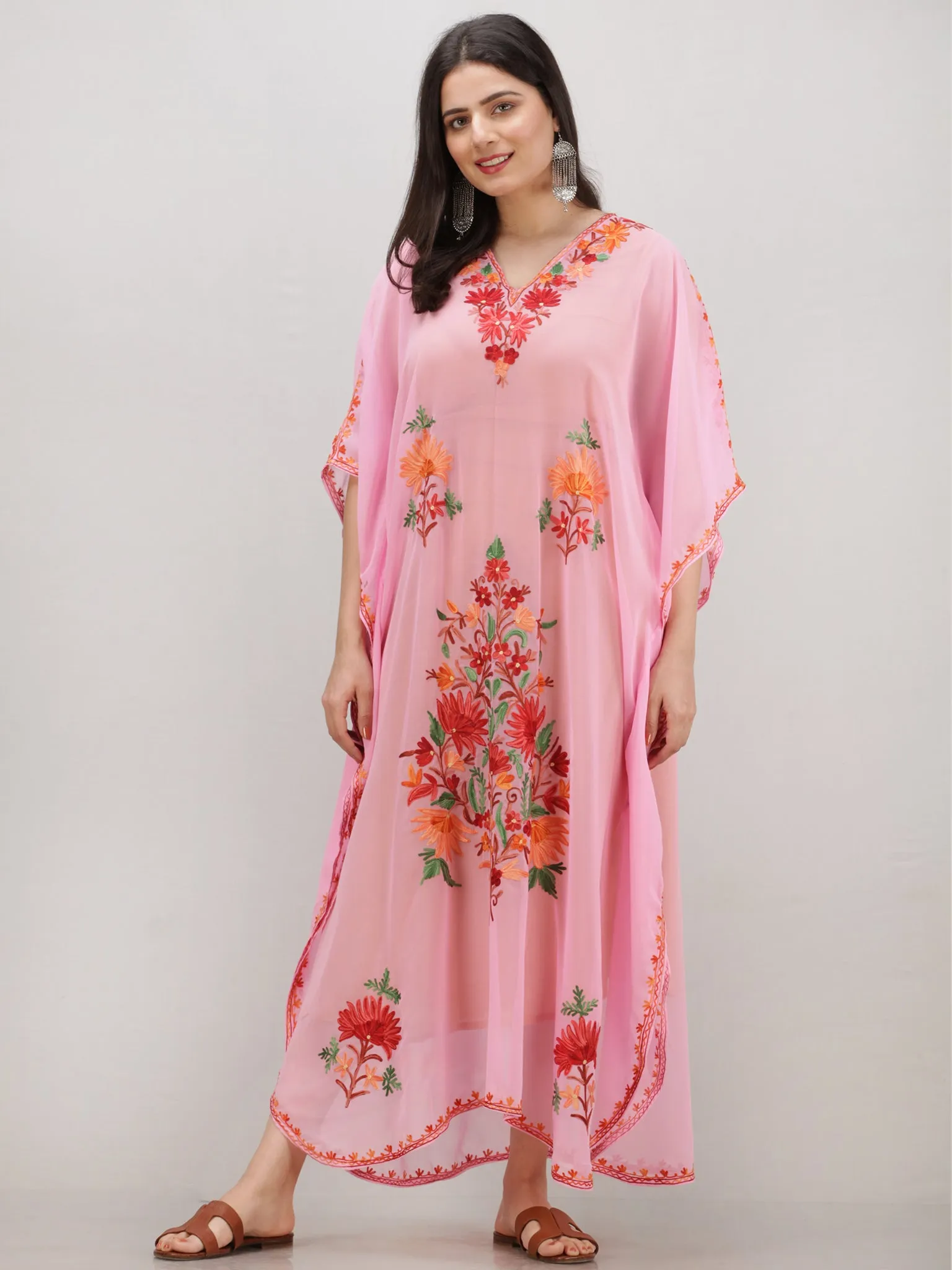 Pink Multicolor Aari Embroidered Kashmere Free Size Georgette Kaftan  - K12K016