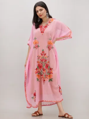 Pink Multicolor Aari Embroidered Kashmere Free Size Georgette Kaftan  - K12K016