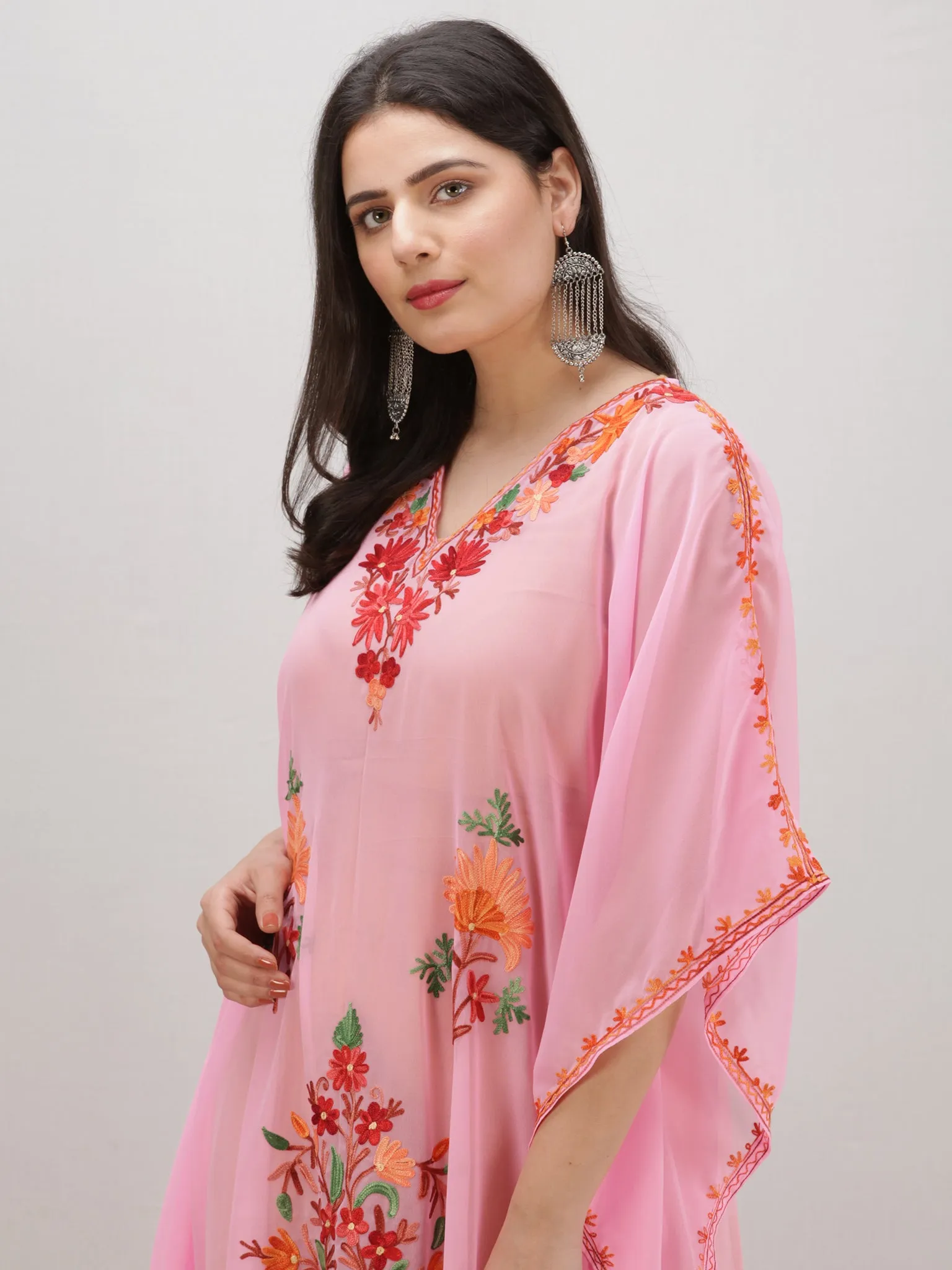 Pink Multicolor Aari Embroidered Kashmere Free Size Georgette Kaftan  - K12K016