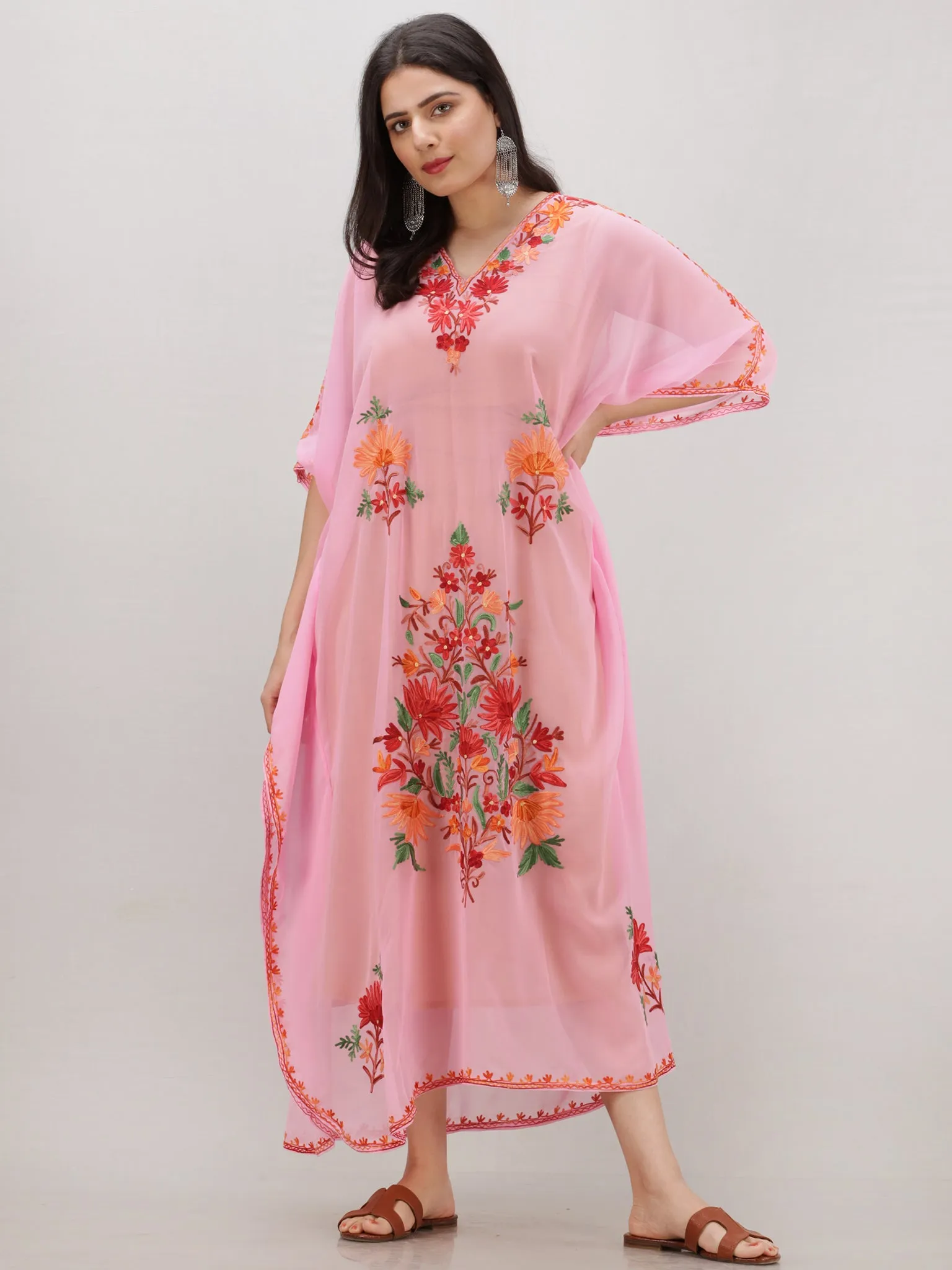 Pink Multicolor Aari Embroidered Kashmere Free Size Georgette Kaftan  - K12K016