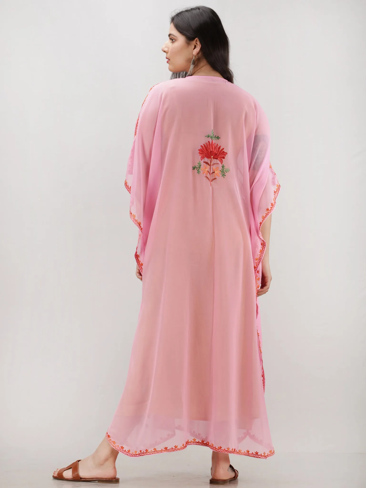 Pink Multicolor Aari Embroidered Kashmere Free Size Georgette Kaftan  - K12K016