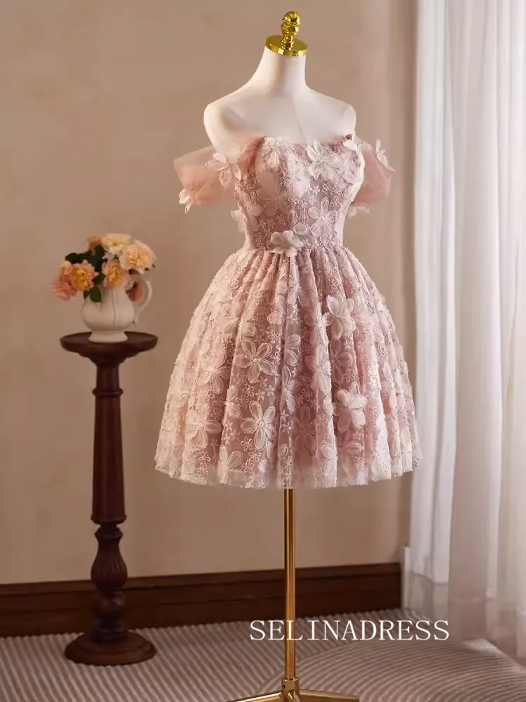 Pink Off-the-shoulder Lace Homecoming Dresses Flower Hoco Dress Cocktail Dress #TKL1891