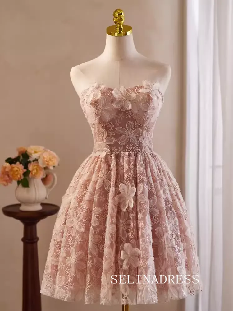 Pink Off-the-shoulder Lace Homecoming Dresses Flower Hoco Dress Cocktail Dress #TKL1891