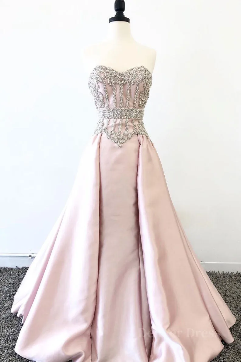 pink sweetheart neck beads long prom dress pink evening dress