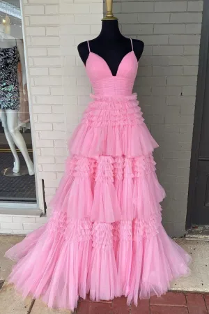 Pink V-Neck Layers Tulle Long Ball Gown A-Line Spaghetti Strap Evening Dress