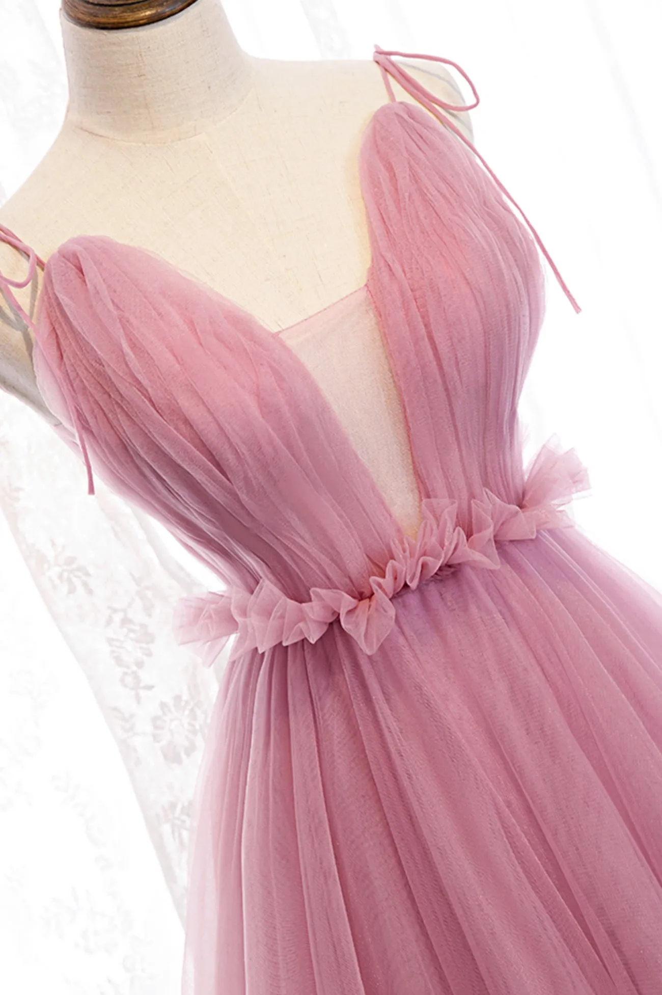 Pink V-Neck Tulle Long Prom Dress, A-Line Formal Evening Dress