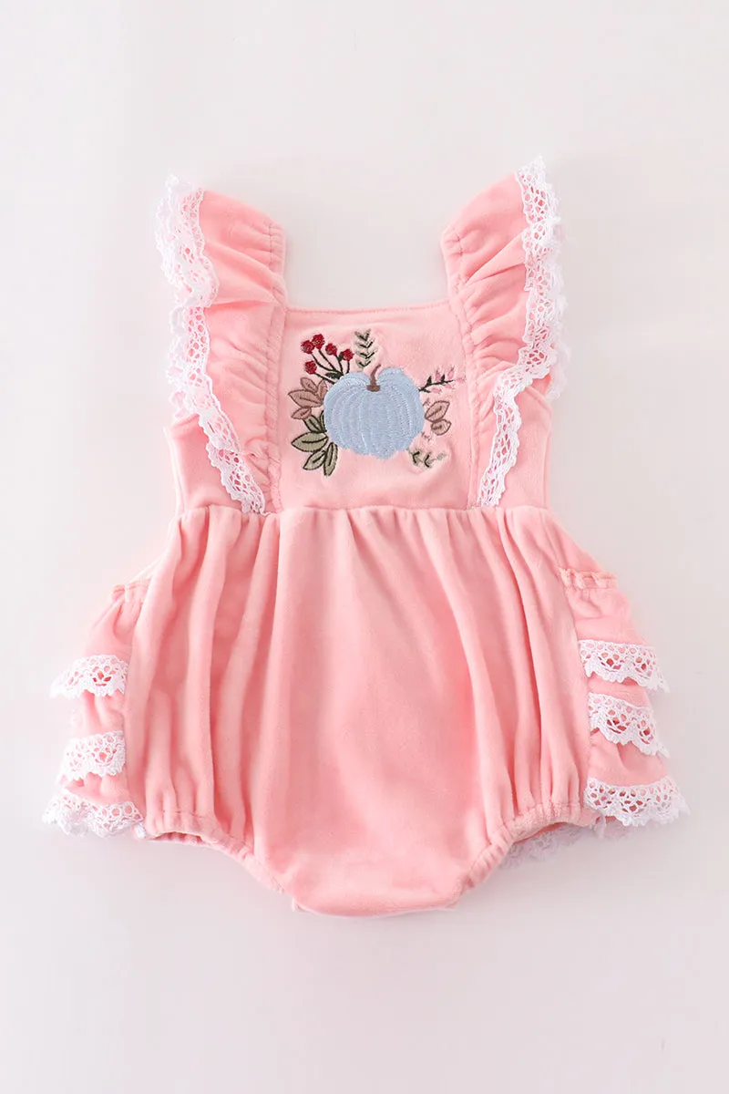 Pink velvet pumpkin embroidery ruffle girl bubble