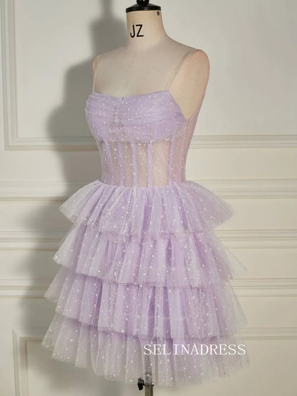 Pleated Multi-Layers Lilac Tulle Homecoming Dress with Polka Dot SEA007