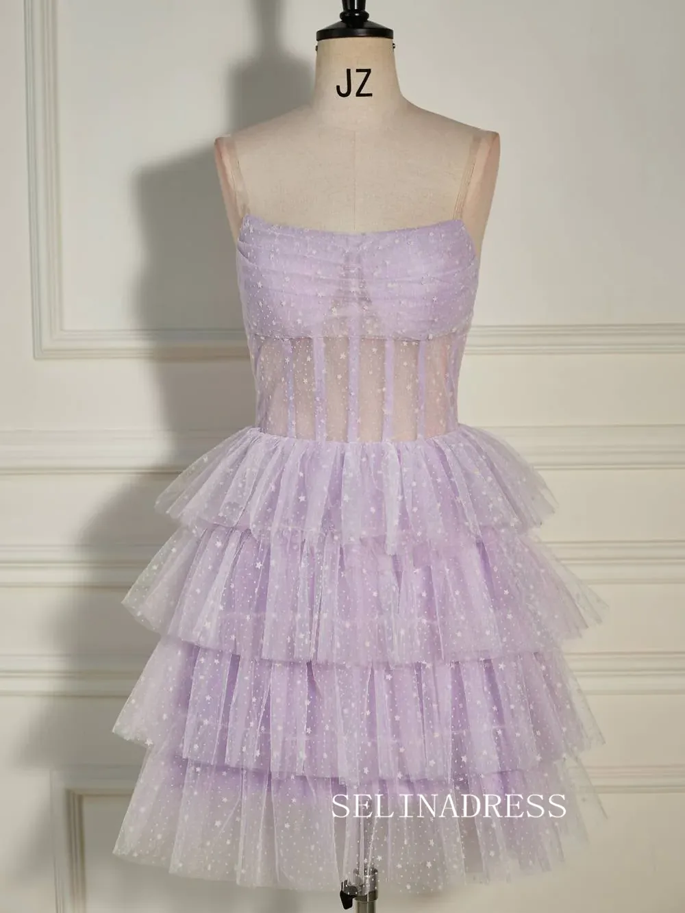 Pleated Multi-Layers Lilac Tulle Homecoming Dress with Polka Dot SEA007