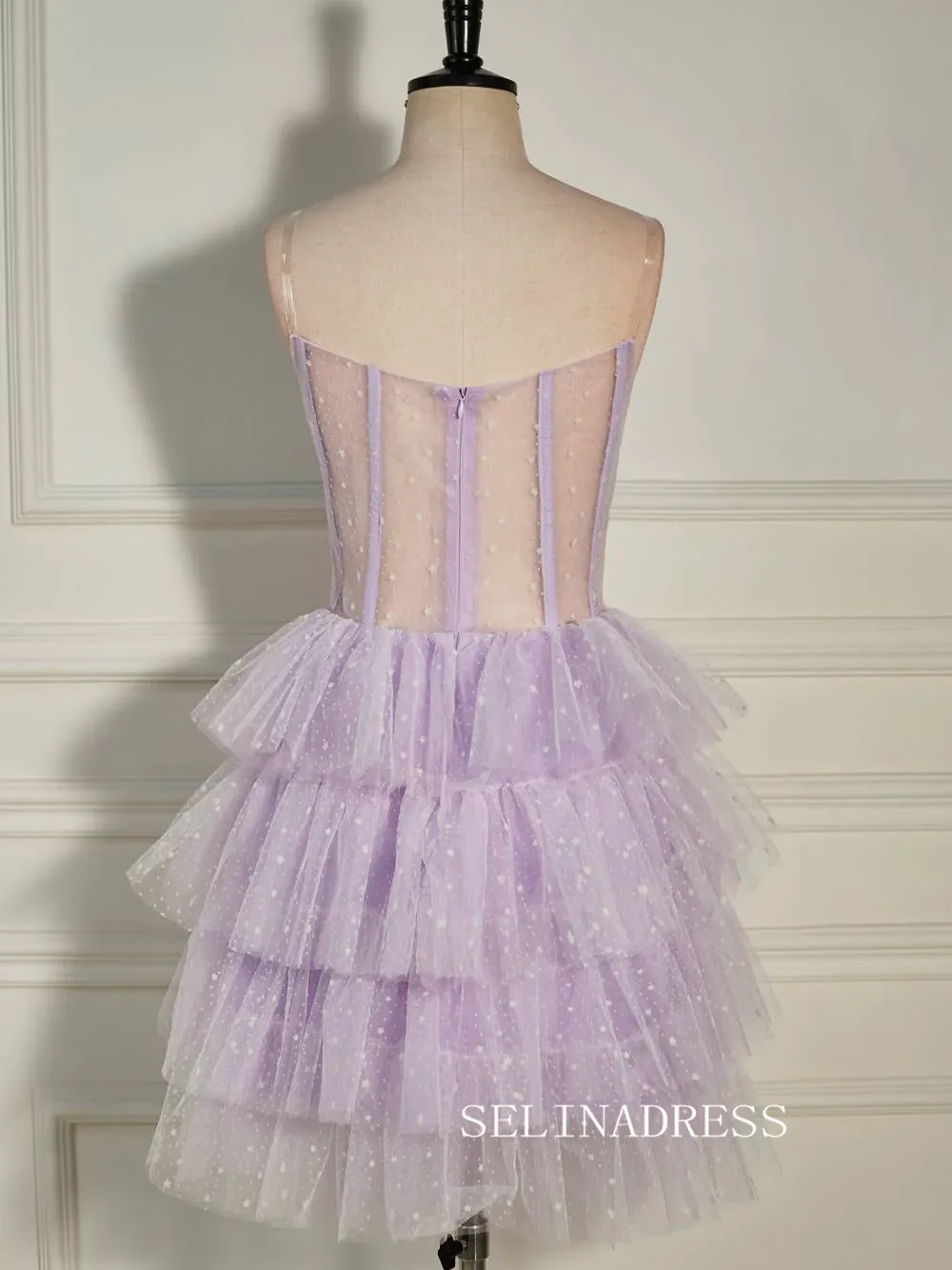 Pleated Multi-Layers Lilac Tulle Homecoming Dress with Polka Dot SEA007