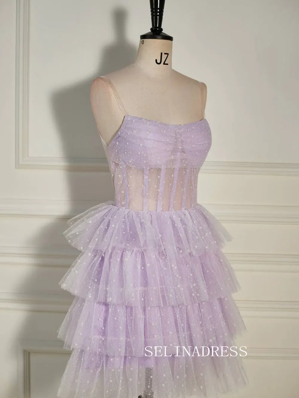 Pleated Multi-Layers Lilac Tulle Homecoming Dress with Polka Dot SEA007