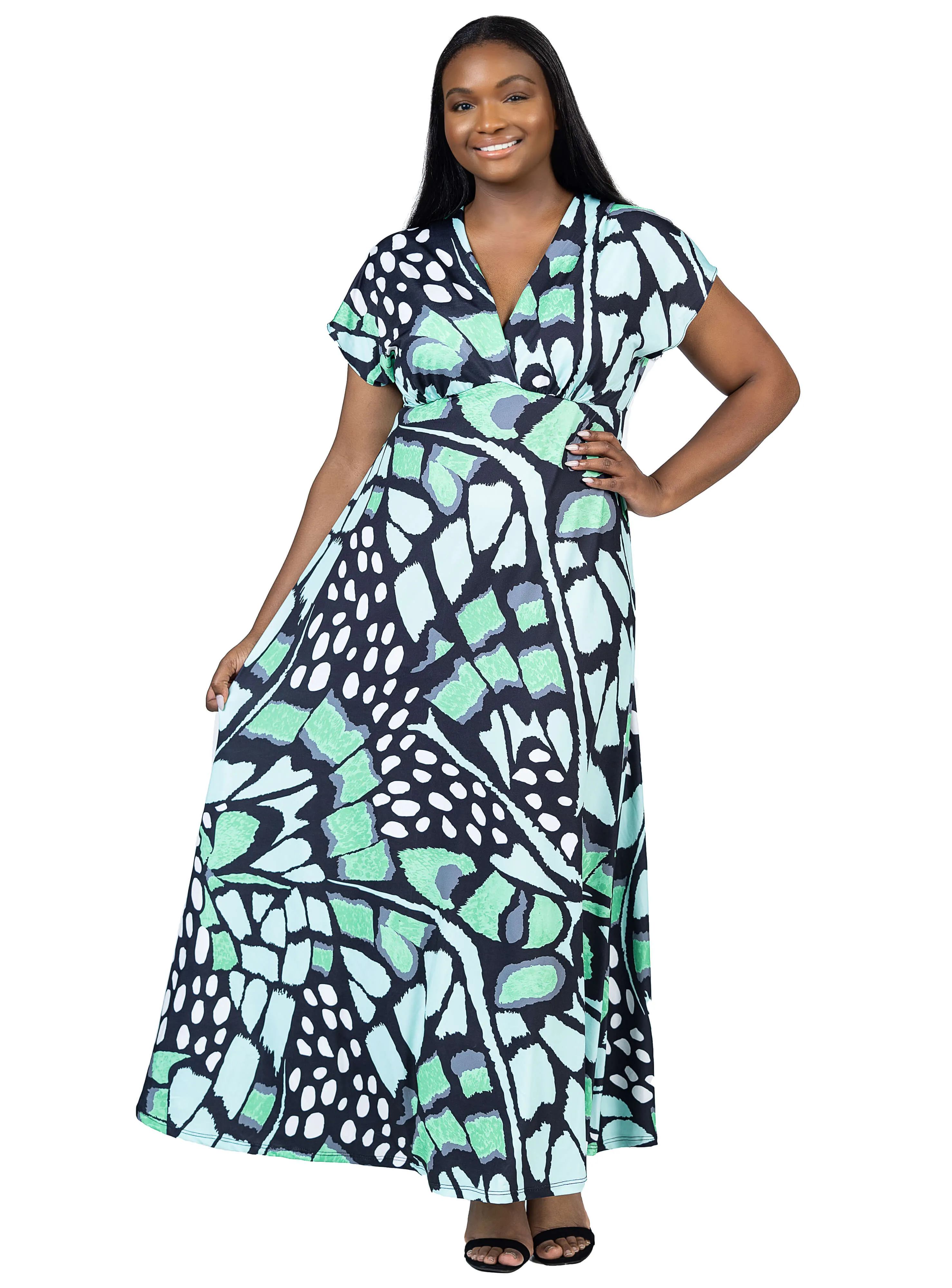 Plus Size Oversized Butterfly Print V Neck Empire Waist Kimono Cap Sleeve Maxi Dress