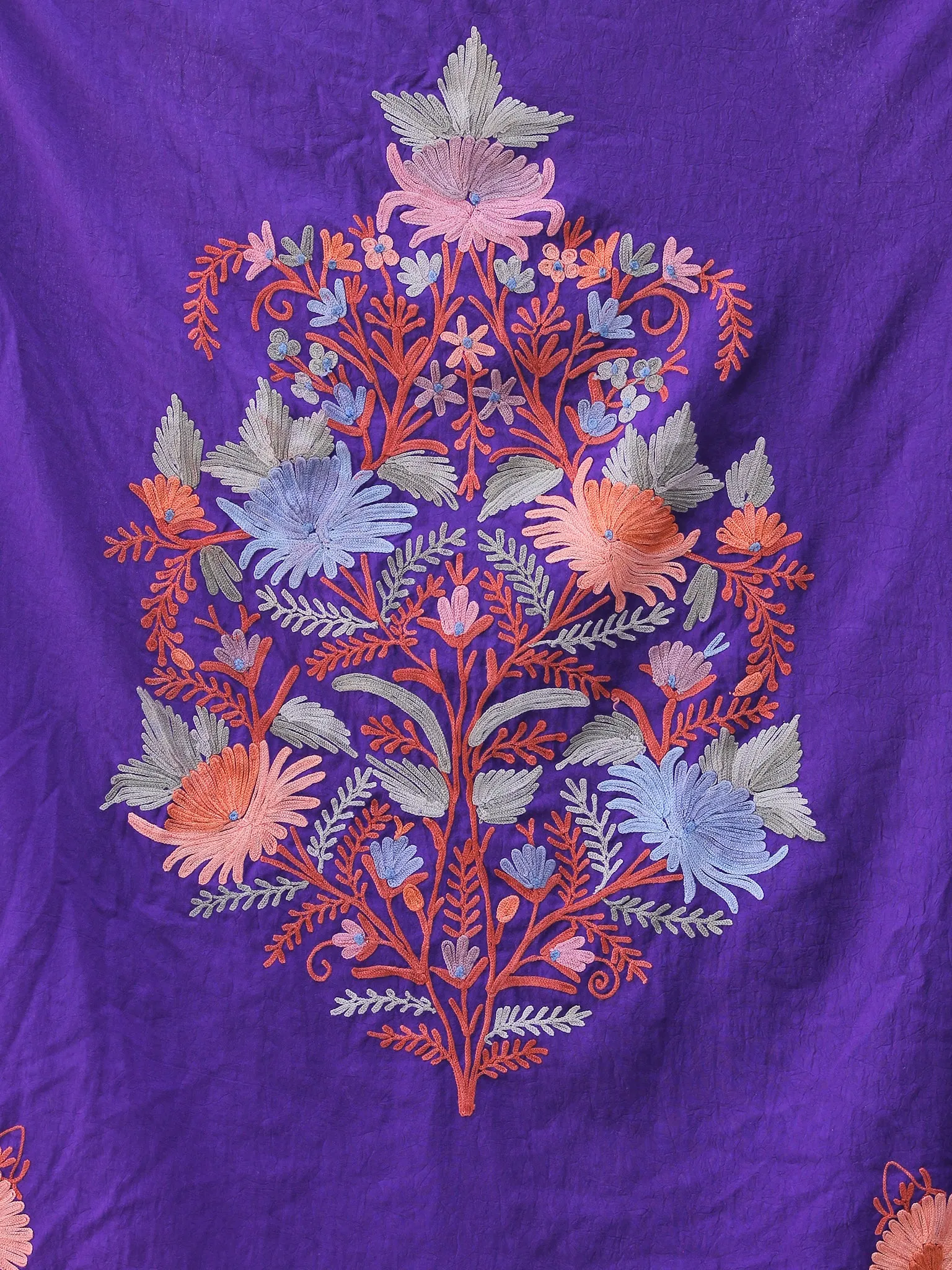 Purple Coral Pink Peach Aari Embroidered Kashmere Free Size Kaftan in Crushed Cotton - K11K062