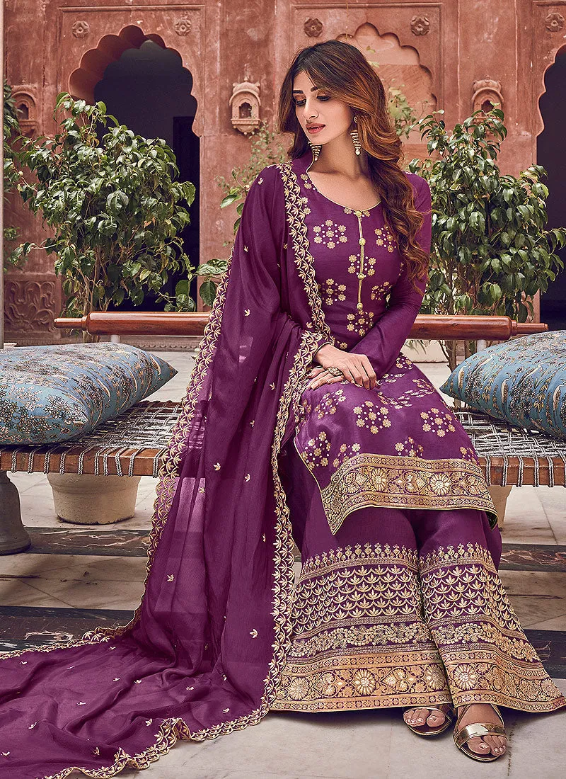 Purple Designer Embroidered Palazzo Suit