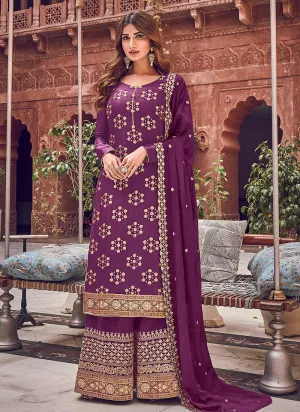 Purple Designer Embroidered Palazzo Suit