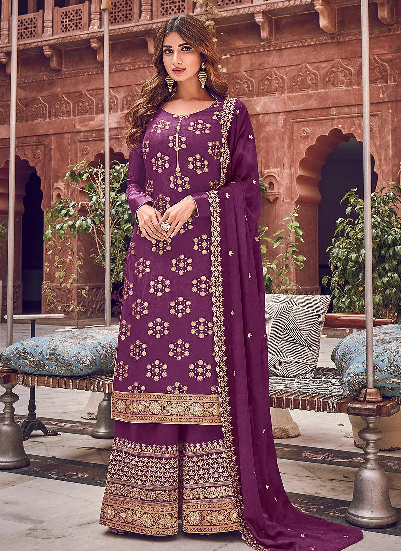 Purple Designer Embroidered Palazzo Suit