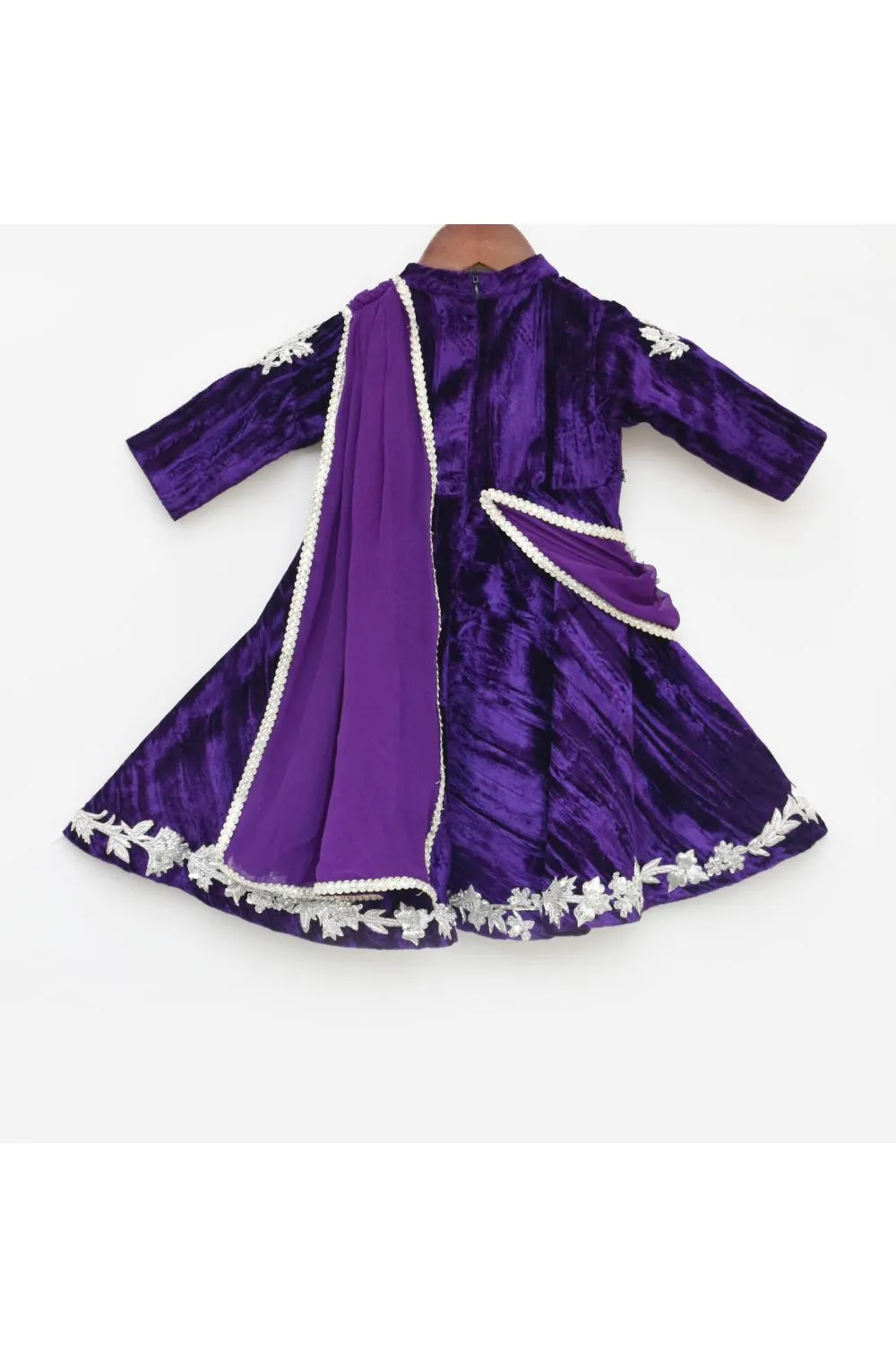 Purple Embroidered Velvet Anarkali With Attached Dupatta Set