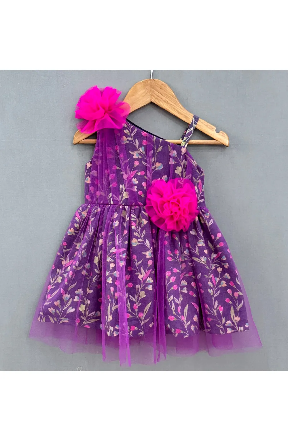 Purple Floral Printed One Shoulder Cotton With Pleated Net Overlay Dress