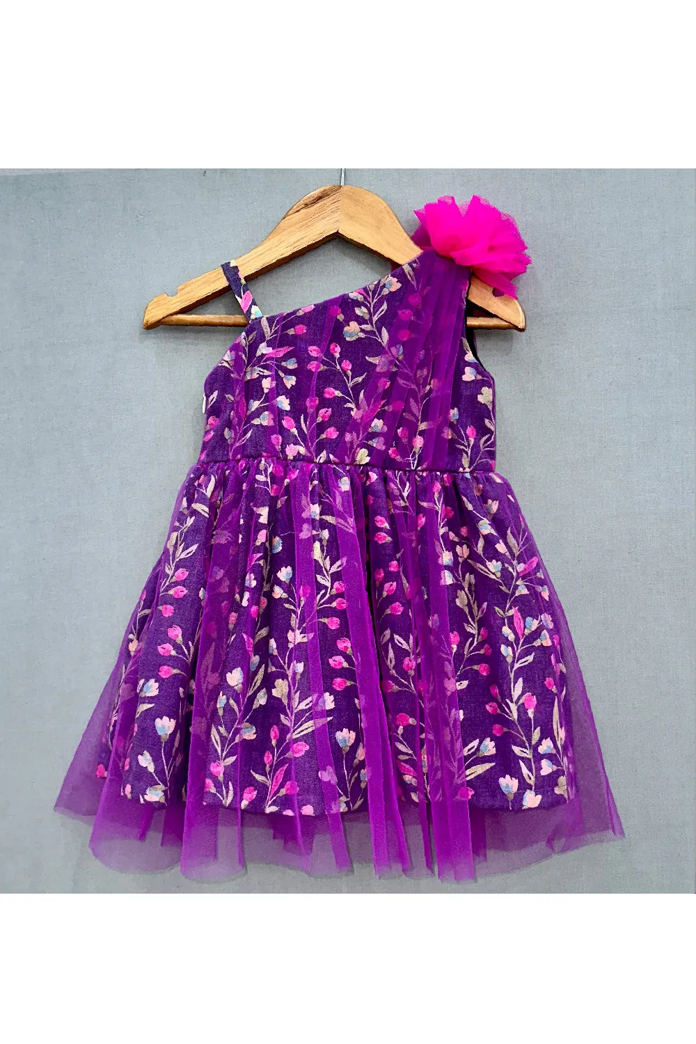 Purple Floral Printed One Shoulder Cotton With Pleated Net Overlay Dress