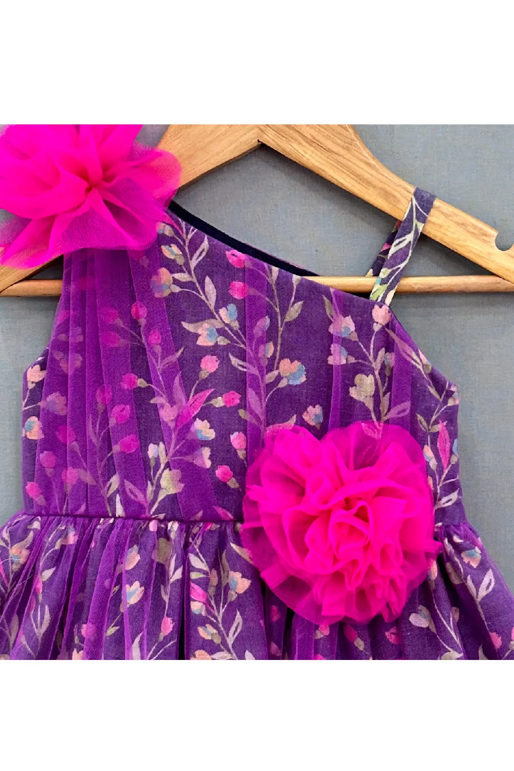 Purple Floral Printed One Shoulder Cotton With Pleated Net Overlay Dress