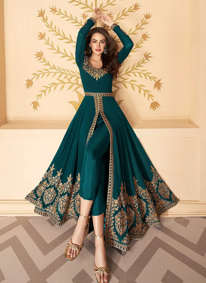 Rama Green Slit Style Zari Embroidered Anarkali Pants Suit