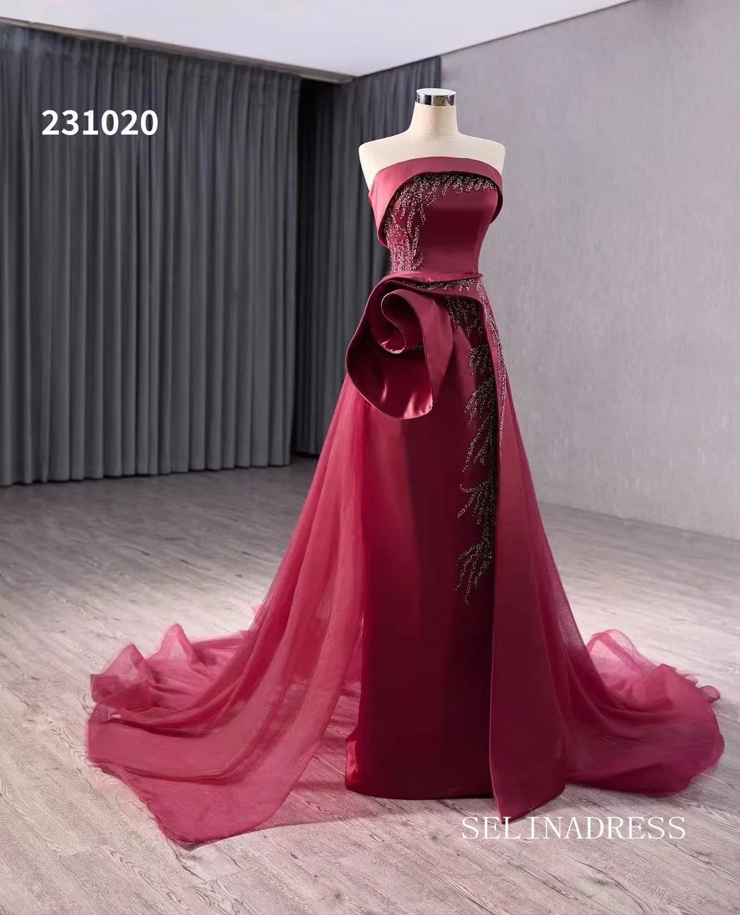 Red Beaded Satin Wedding Dress With Overskirt Strapless Pageant Dress 231020