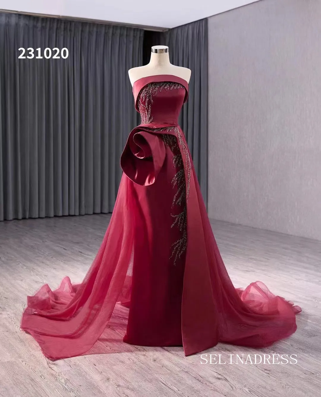 Red Beaded Satin Wedding Dress With Overskirt Strapless Pageant Dress 231020