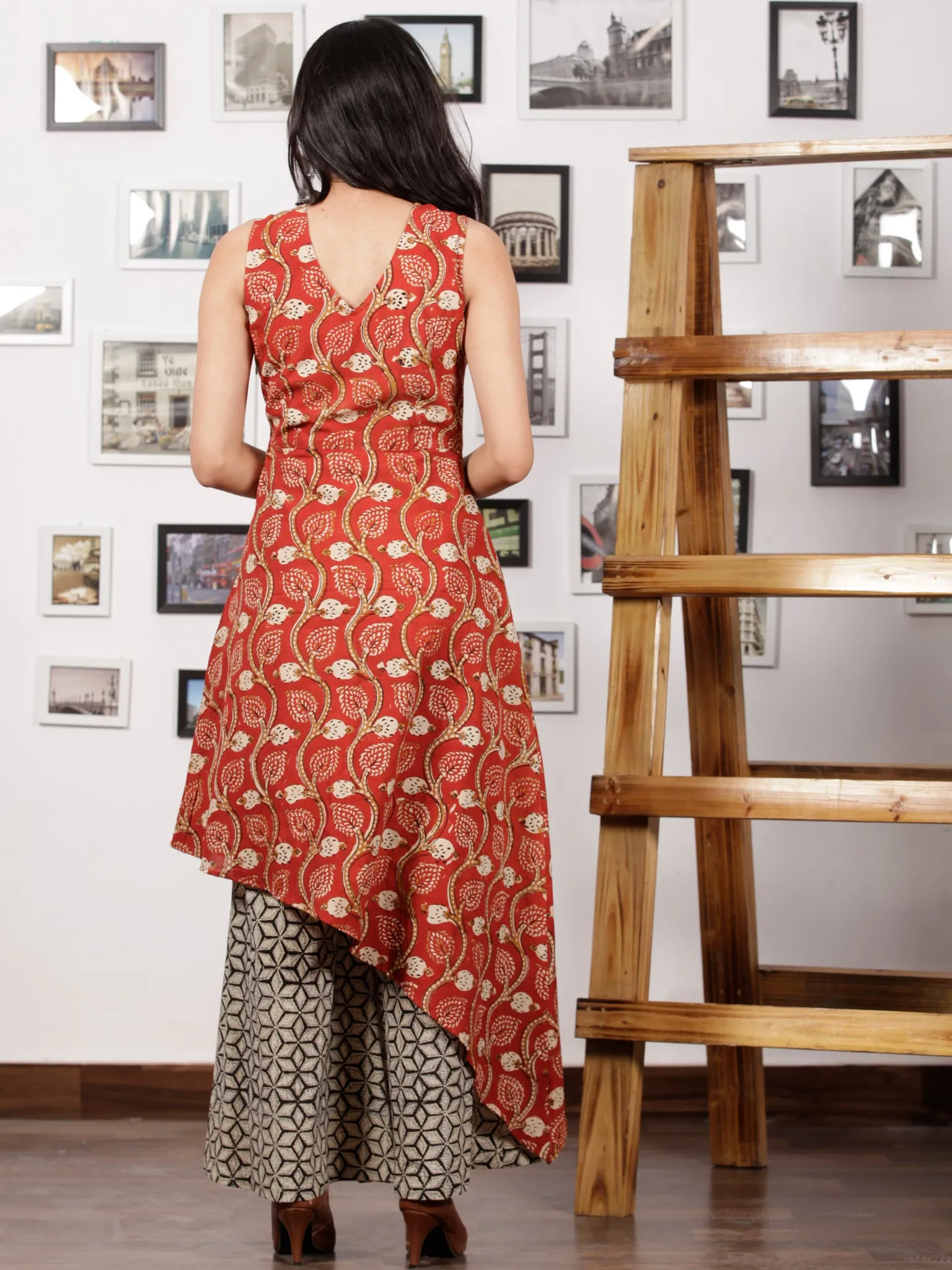 Red Beige Black Ivory Hand Block Printed Cotton Asymmetric Kurta & Palazzo Dress (Set of 2) - D287F1367