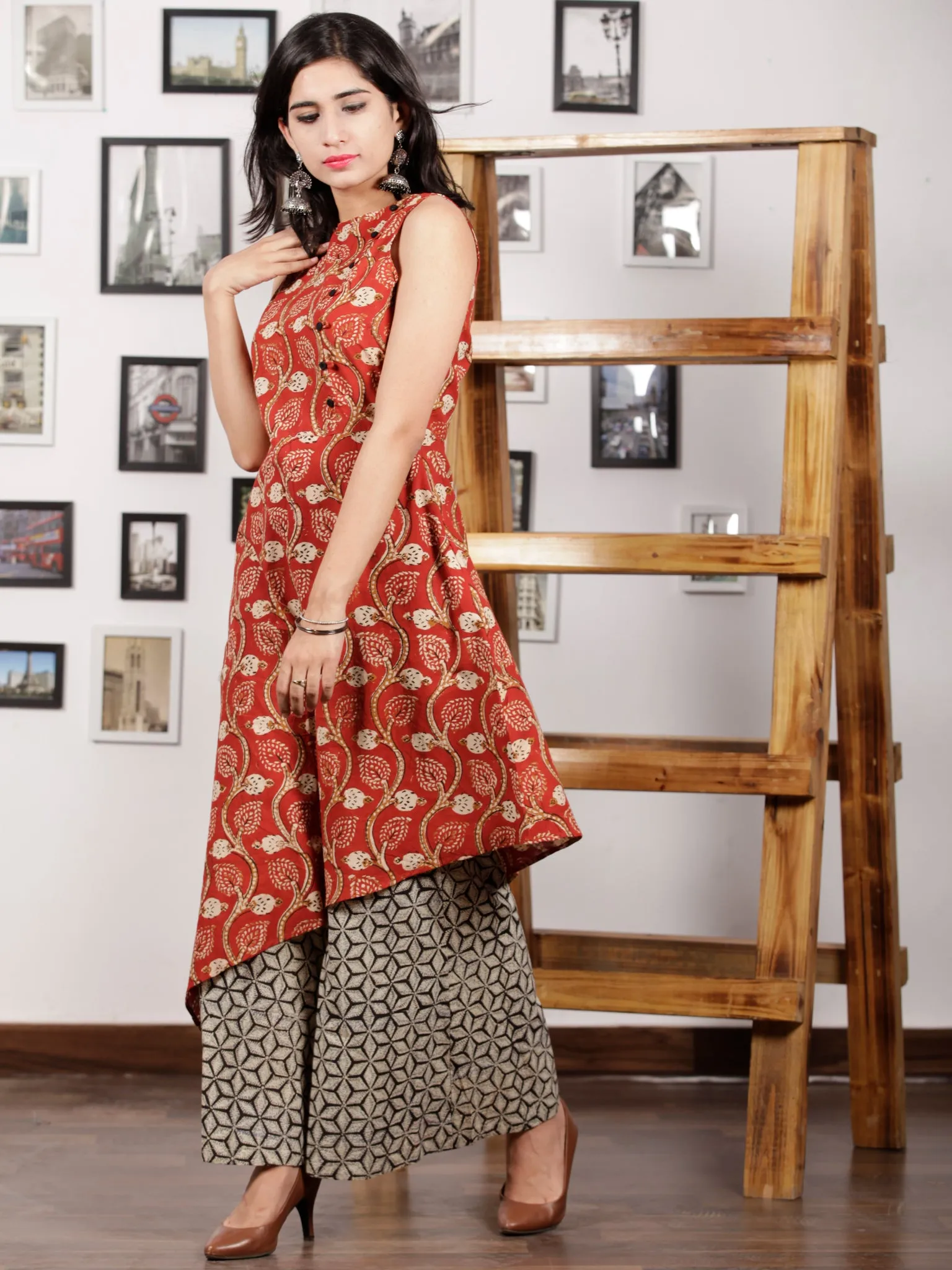 Red Beige Black Ivory Hand Block Printed Cotton Asymmetric Kurta & Palazzo Dress (Set of 2) - D287F1367