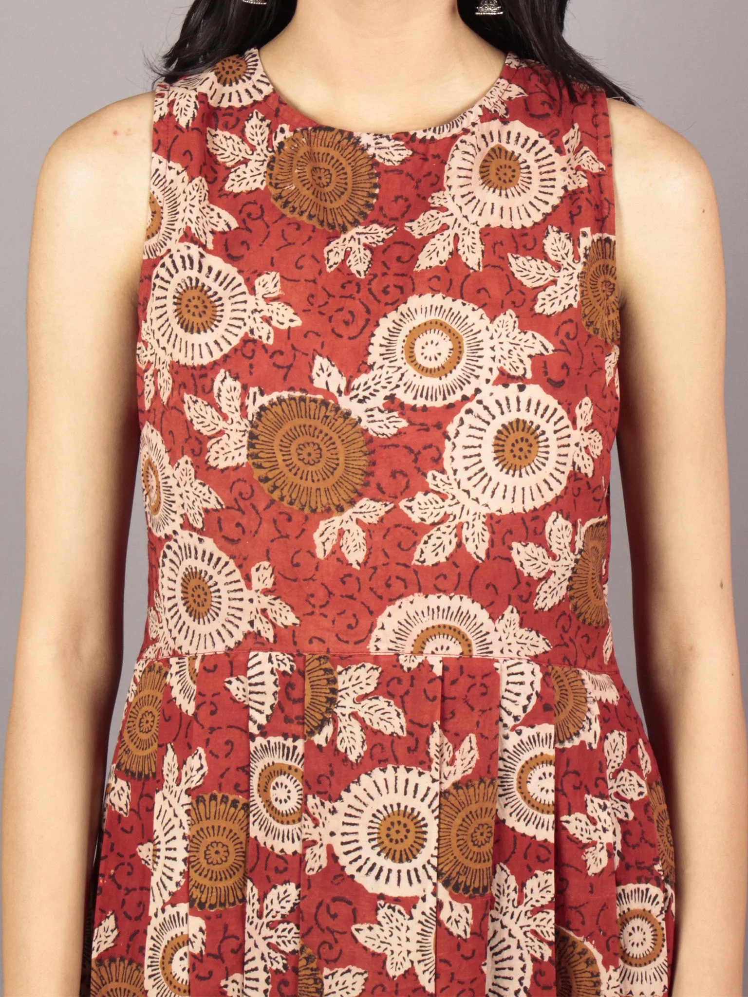 Red Beige Brown Black Long Sleeveless Hand Block Mughal Printed Cotton Dress With Knife Pleats & Side Pockets - D32F581