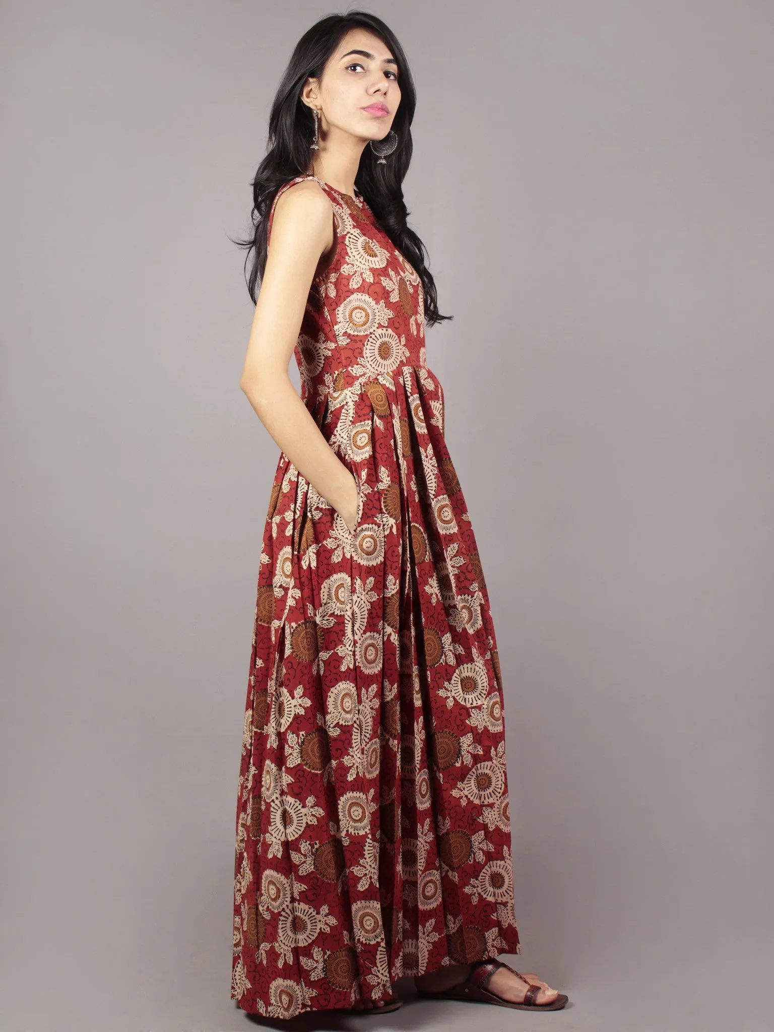 Red Beige Brown Black Long Sleeveless Hand Block Mughal Printed Cotton Dress With Knife Pleats & Side Pockets - D32F581