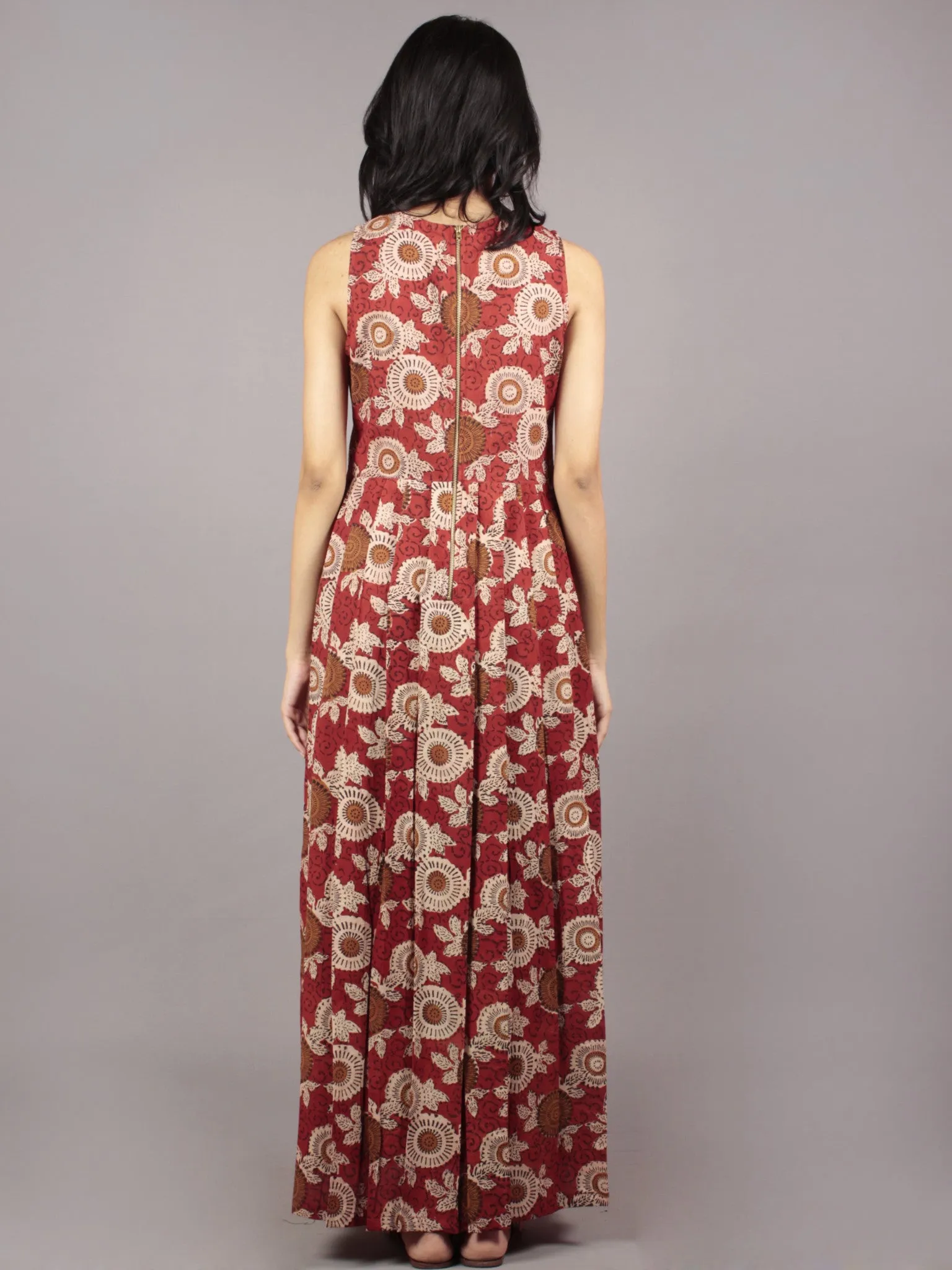 Red Beige Brown Black Long Sleeveless Hand Block Mughal Printed Cotton Dress With Knife Pleats & Side Pockets - D32F581