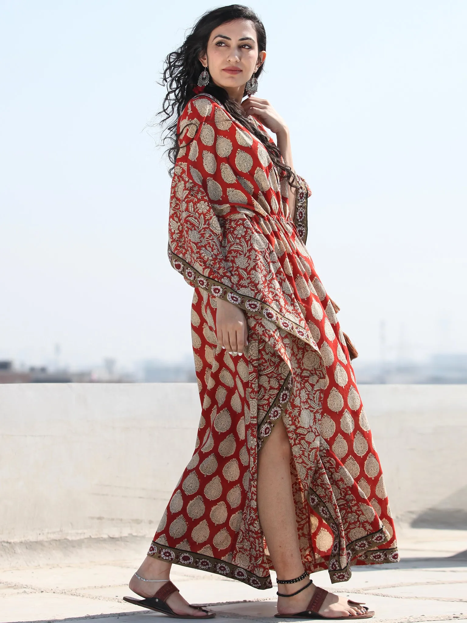 Red Beige Hand Block Printed Kaftan - K118F1368