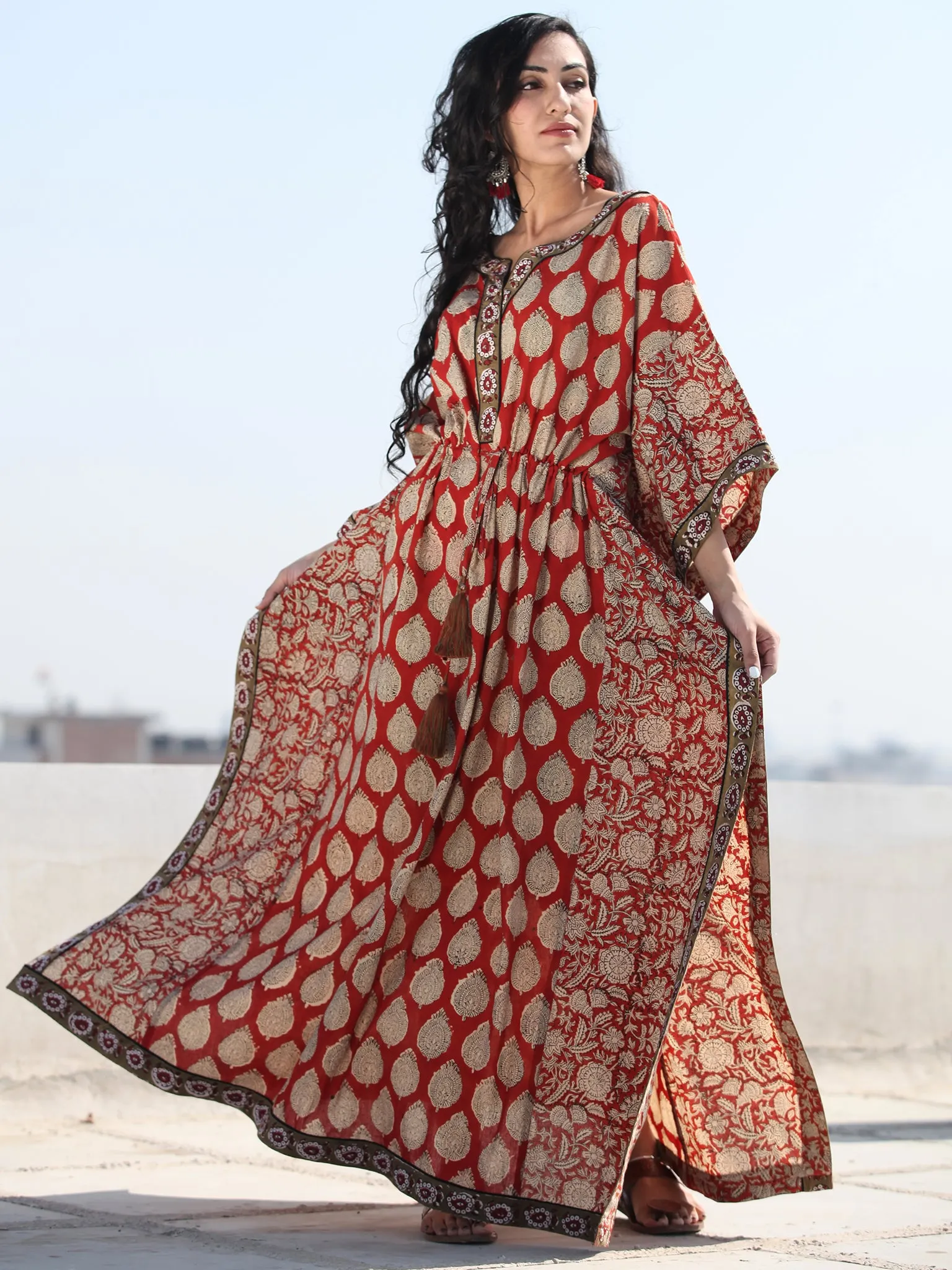 Red Beige Hand Block Printed Kaftan - K118F1368