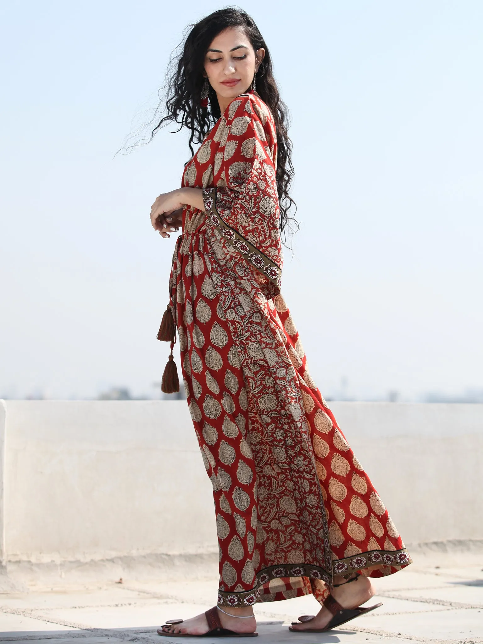 Red Beige Hand Block Printed Kaftan - K118F1368