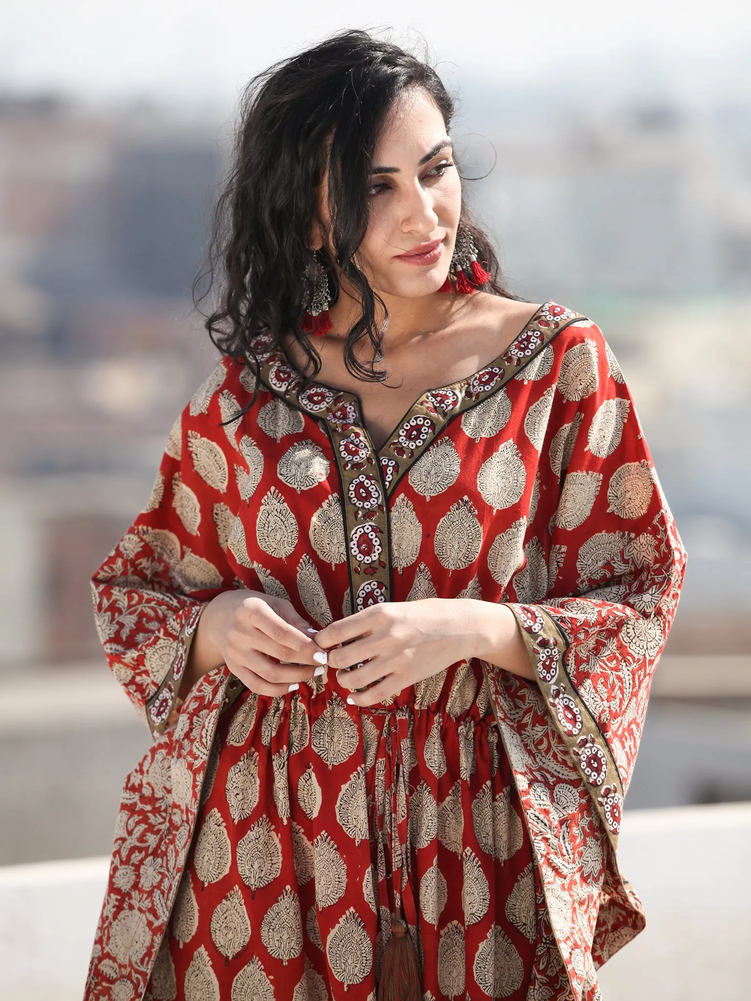 Red Beige Hand Block Printed Kaftan - K118F1368